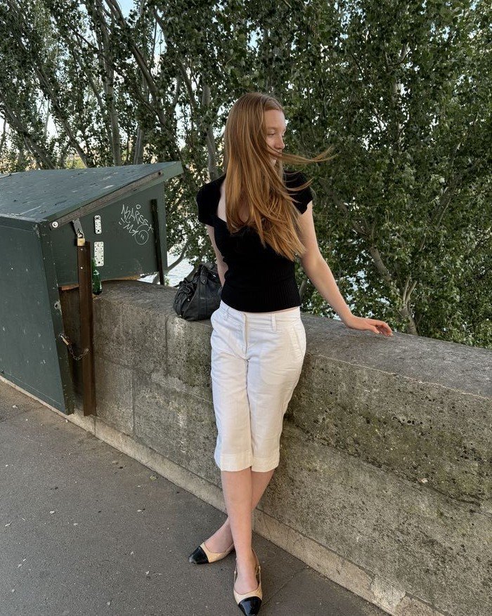 White Capris Black Knit Top