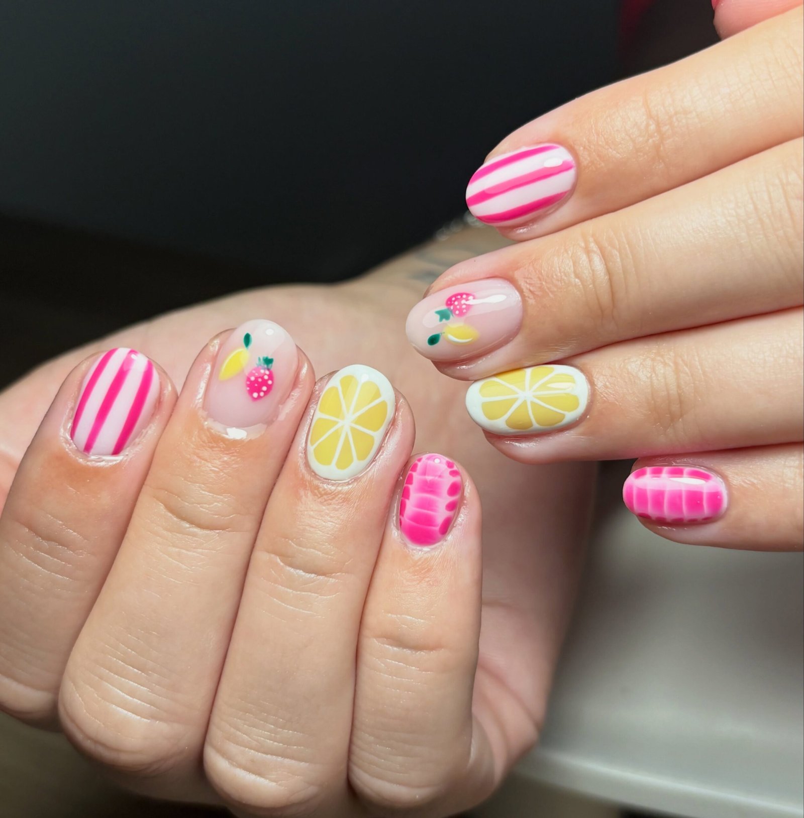 Lemon Strawberry Striped Nails