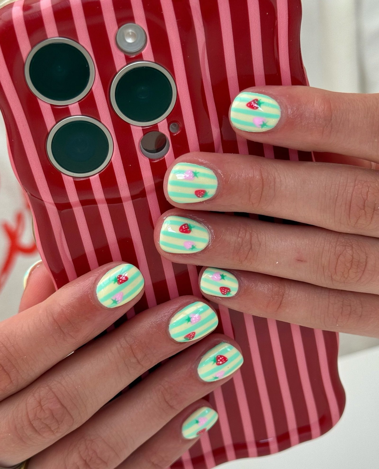 Mint Stripe Strawberry Nails