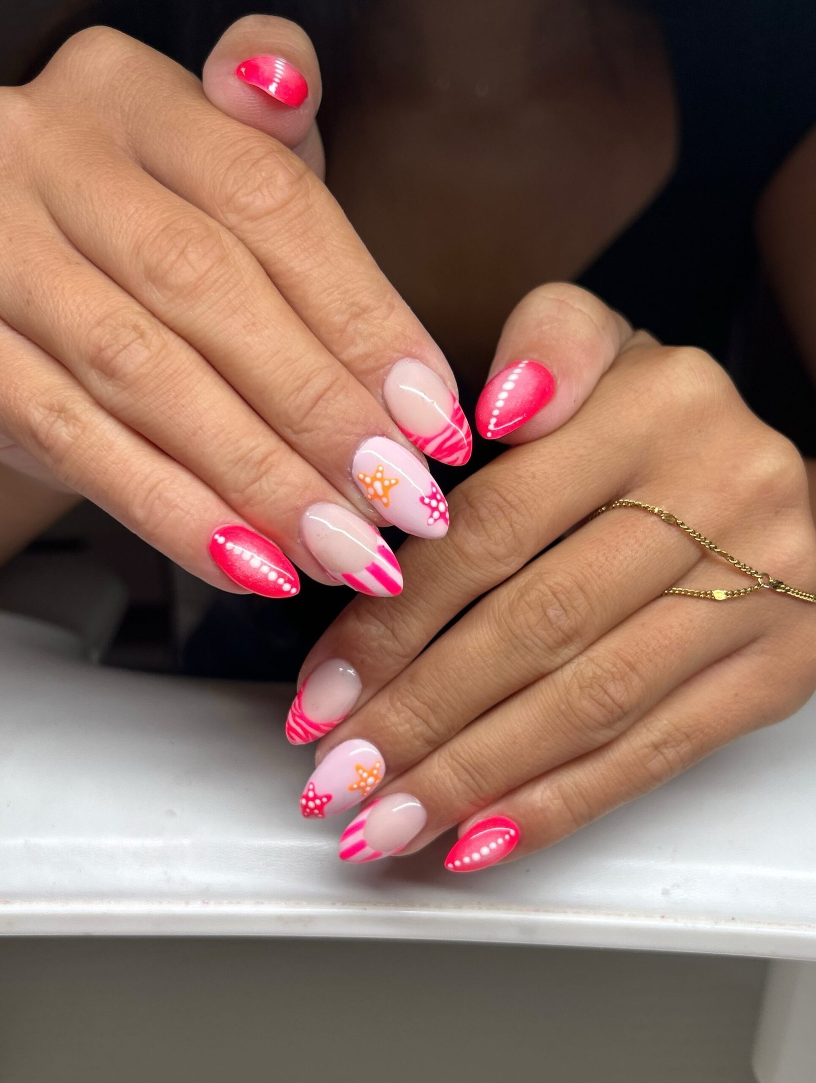 Hot Pink Starfish Almond Nails